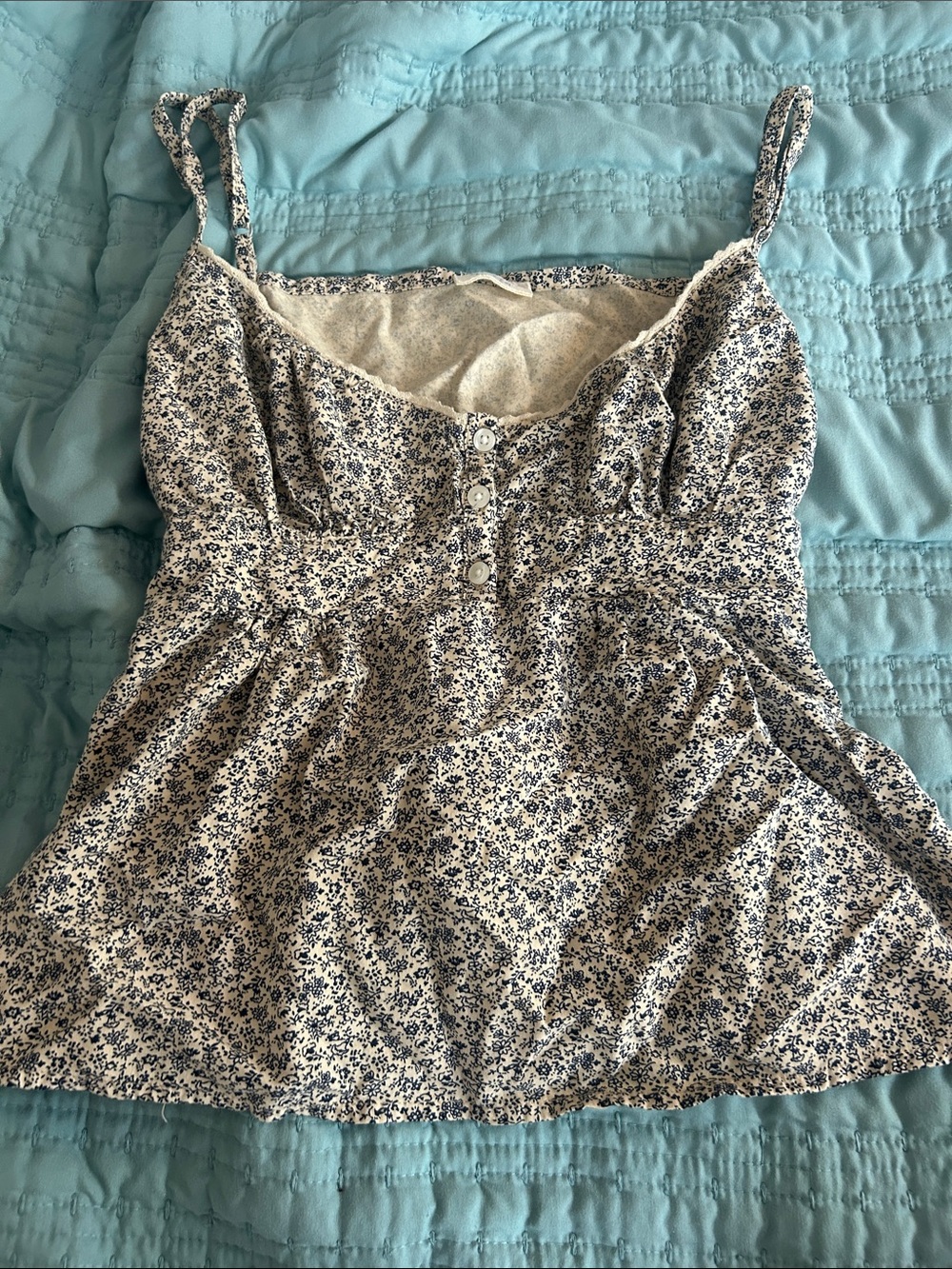 John Galt Floral Button-Front Spaghetti Strap Top - Cream & Blue